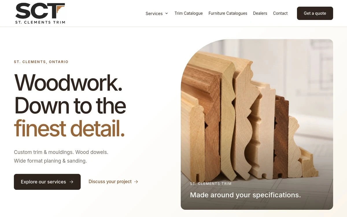 St. Clements Trim website with large woodwork typography and natural wood moulding profiles